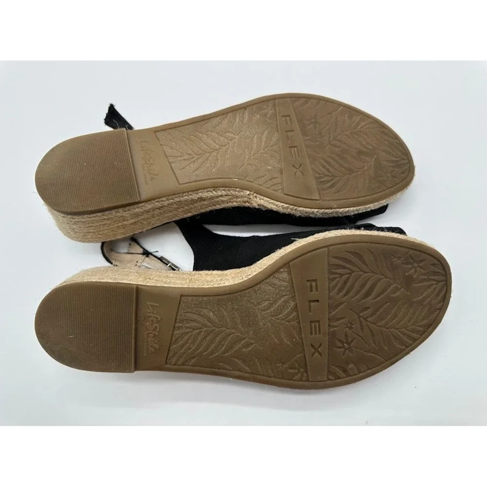 LifeStride Socialite Womens Black Espadrille Wedge Sandals Slingback Peep Toe 7M